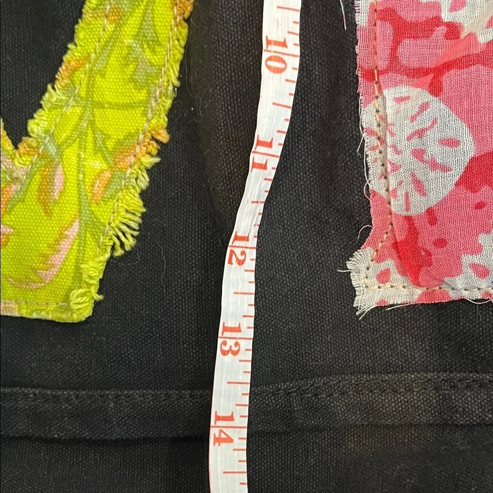 Dovetail Black LOVE Denim Tote Bag with sewn letters
